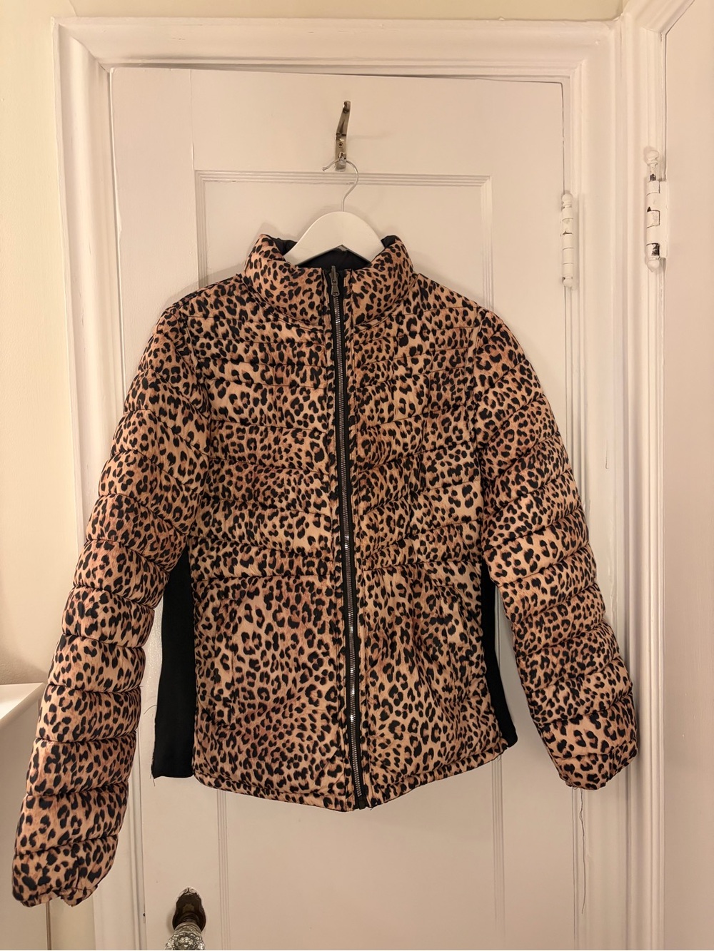 Leopard Print Quilted Reversible Puffer Jacket - Tan/Black